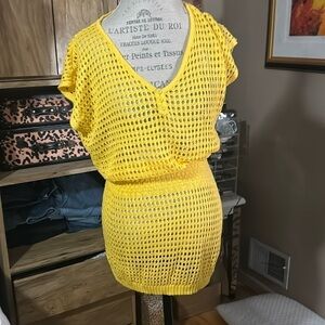 (e1-7) Yellow Crochet Swim Coverup - OS
